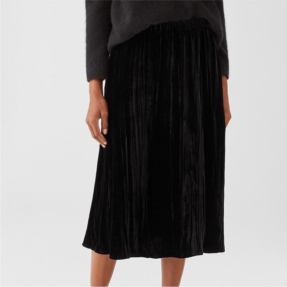 Eileen Fisher New York Black Velvet Silk Blend A Line Midi Pull On Skirt Size 2 - Picture 1 of 9